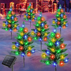 Set of 6 Solar Christmas Tree for Outdoor Decorations, 120 LED Small Prelit Christmas Trees, Solar Powered Artificial Xmas Tree with Lights for Outside Pathway Porch Yard Christmas Decorations