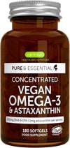 Vegan DHA & EPA Omega 3 Algae Oil & Astaxanthin, 180 Small Softgels, 1344mg Omega 3, Pure & Sustainable, 400mg DHA & 200mg EPA, Clean Label, 90 Servings, by Igennus