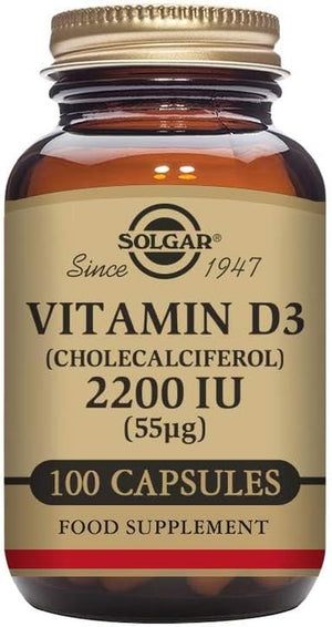 Vitamin D3 (Cholecalciferol) 2200 IU (55 µg) Vegetable Capsules - Pack of 100 - Healthy Bones and Teeth - Supports Immunity and Muscle Function - Vegetarian