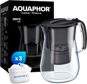 Onyx Black Water Filter Jug - Counter Top Design with 4.2L Capacity, 3 X MAXFOR+ Filters Included Reduces Limescale Chlorine & Microplastics Perfect for Families, Premium Quality Glass Effect