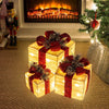 70749 Set of 3 Light-Up Christmas Boxes With Red Bow/Indoor Christmas Decorations / 65 Warm White LED Lights/Battery Operated/Timer Functionality