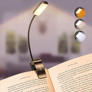 9 LED Clip on Book Light, 3 Eye-Protecting Modes Flexible Reading Light Book Lamp (Warm&Cool White Light) -Stepless Dimming, Rechargeable, Long Battery Life, 4-Level Power Indicator