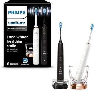 Sonicare DiamondClean 9000 Electric Toothbrush, Sonic Toothbrush with App, Pressure Sensor, 4 Brushing Modes, 3 Intensity Levels, Charging Glass, Black & Rosegold, Dual Pack, Model HX9914/57