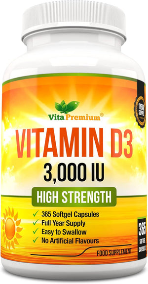 Vitamin D 3,000 IU, High Strength Vitamin D3 Supplement, 365 Easy to Swallow Softgels - Full Year Supply