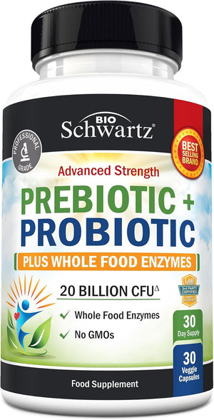 Probiotic and Prebiotic Capsules - Supports Digestive Health & Bloating Relief for Women & Men - Pre and Probiotics for Gut Health Supplements with Whole Food Enzymes - Non-GMO, Gluten Free - 30 Ct.