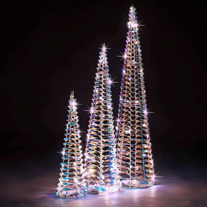 Christmas Pyramid Pre-Lit Cone Trees - Set of 3 Battery Powered Indoor Iridescent Festive Decorations - Fireside or Window LED Light Up Xmas Trees - 40cm 60cm 80cm (Warm White)