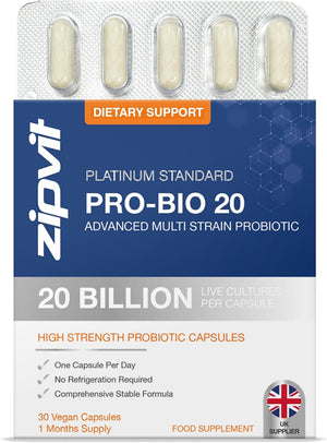 Pro Bio 20 Billion CFU Probiotics for Gut Health, High Strength, 30 Vegan Probiotic Capsules for Men & Women, 3 Live Bacterial Cultures, Lactobacillus & Bifidobacterium Animalis