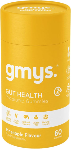 gmys Gut Health Probiotic Chewable Gummies for Adults - Pineapple Flavoured Digestive Support with 2.5 Billion Cultures, Vitamins B3, B5, B6 & C - Natural Ingredients - 60 Probiotic Gut Gummies