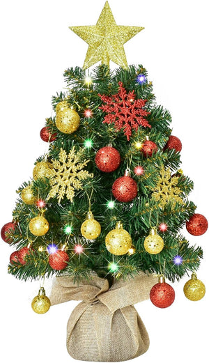 Tabletop Christmas Trees with Lights -  Mini Christmas Tree 24 in, Small Pre Lit 2 ft Christmas Tree with 40 LED Lights & Ornaments Top Star for DIY, Christmas Decoration, Gold & Red