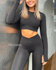 Women Gym Set 2 Piece Outfits Workout Set Crossover Long Sleeve Gym Tops Ruched Leggings Yoga Tracksuit Set