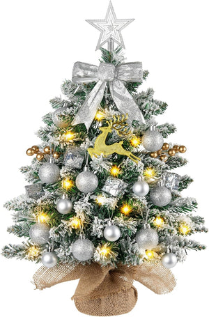 Mini Christmas Tree with Lights, 61CM Table Top Tree with Star Ornaments, Artificial Xmas Tree with Snow for Home Office Desktop Party Indoor Christmas Decorations(Snow Green)