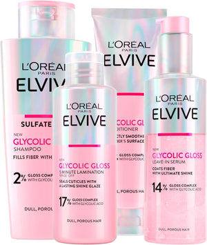 Elseve Elvive Glycolic Gloss 150ml Conditioner + 200ml Shampoo + 150ml No-Rinse Serum + 200ml 5-Minute Laminating Treatment for Dull and Porous Hair - 4 bottles