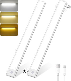 Under Cabinet Kitchen Lights, 146 LED Motion Sensor Lights Indoor, 40CM USB-C Rechargeable Cupboard Lighting 3 Color Temperature Dimmable Wireless Wardrobe Light for Kitchen, Closet, Stair (2 Pack)