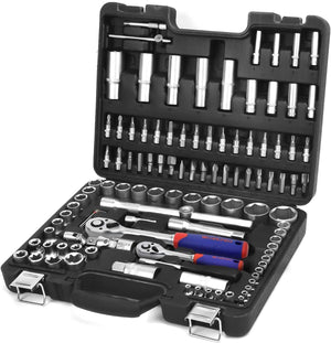 108-Piece 1/4"&1/2" Drive Socket Set with Bits Set, Quick Release Ratchet Wrench - CR-V Mechanic Tool Set for DIY, Car Repair