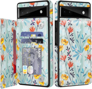 for Google Pixel 6A Case Leather Wallet with Card Holder, Flip Cover Kickstand Card Slots Magnetic ClosureShockproof Heavy Duty Protective Case for Google Pixel 6A 6.1in 5G-Yellow Floral