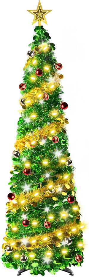 5Ft/150cm Pop Up Christmas Tree with Lights and Star, Collapsible Artificial Christmas Tinsel Tree Xmas Tree with Shiny Sequins for Christmas Decoration Home Office Party Decor Indoor Outdoor Display