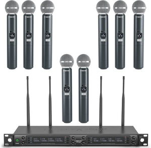 Wireless Microphone System, Eight-Channel Wireless Mic, w/ 8 Handheld Dynamic Microphones, Auto Scan,8x40 Adjustable UHF Channels, 328ft, Microphone for Singing, Church(PTU-6000A)