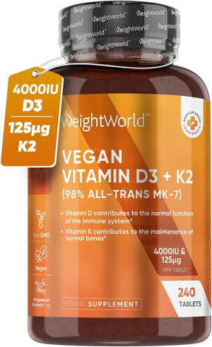 Vitamin D3 4000IU & 125μg Vitamin K2 (MK 7) - 240 Vegan Tablets - High Strength Vitamin D3 K2-8 Months Supply - Vitamin D Tablets for Bones, Teeth, Muscle Function & Immune System (EFSA)