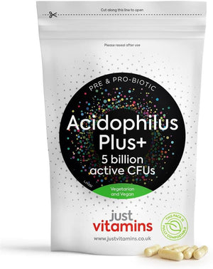 - Acidophilus Plus+ Pre & Probiotic Complex 90 Vegan Capsules – 5 Billion Non-Dairy CFU, Multi-Strain Lactobacillus Acidophilus, High Strength Probiotic UK Made Supplement