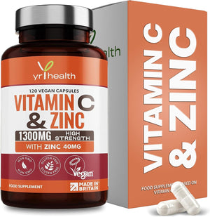 Vitamin C 1300mg and Zinc 40mg High Strength - VIT C and Zinc for Maintenance of Normal Immune System - 120 Vegan Capsules not Tablets - 2 per Daily Serving - Made in The UK by