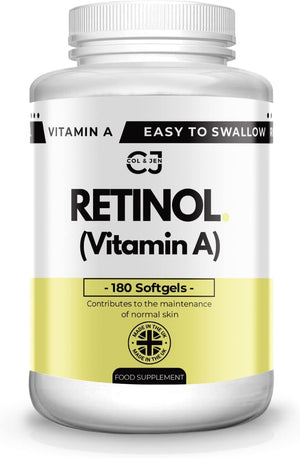 Retinol Vitamin A Softgel Capsules - Contributes to The Maintenance of Normal Skin & Vision - 180 Pack - Easy to Swallow - Made by Col & Jen - UK