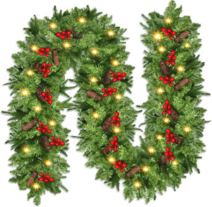 Christmas Garland Decoration with Lights - 9Ft/2.7M Prelit Artificial Christmas Garland with Pine Cones & Red Berry - Xmas Garland for Fireplaces Front Door Stairs Home Indoor Outdoor Decor