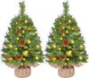 2Pcs Pre-lit Artificial Mini Christmas Tree, 2ft/61cm Tabletop Small Xmas Tree w/12 Pinecones, 35 Warm White LED Lights, Battery-Operated Christmas Tree for Home Party Decor, Green