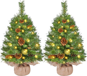 2Pcs Pre-lit Artificial Mini Christmas Tree, 2ft/61cm Tabletop Small Xmas Tree w/12 Pinecones, 35 Warm White LED Lights, Battery-Operated Christmas Tree for Home Party Decor, Green