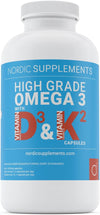 Omega 3 Fish Oil 1000mg with Vitamin D 4000iu and K2 100ug - 180 Capsules Supplements