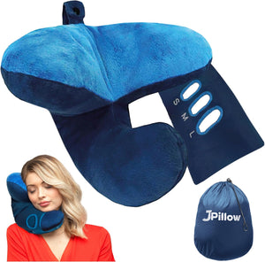 JPillow Travel Pillow for Airplanes - British Invention of The Year - Upgraded with Patented Anti-Slip Scarf - Unique Chin Support - Neck Pillow for Travel - Flight Pillow - Blue