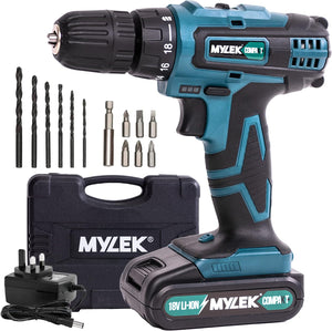 MY18BCM1 Cordless Drill 18V, 1300 mAh Li-Ion Driver 28Nm, 1 Hour Quick Charge, 2 Speed, LED Work Light, Carry Case with Accessory Kit, Variable Speed & Quick Stop Function