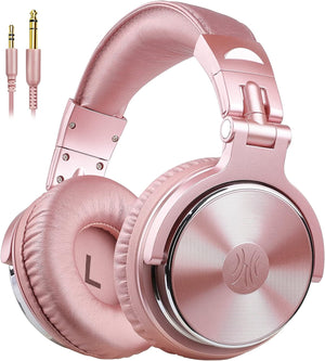 Over Ear Headphone Studio Wired Bass Headsets with 50mm Driver, Foldable Lightweight Headphones with Shareport and Mic for DJ Recording Monitoring Mixing Podcast Guitar PC TV (Golden Rose)