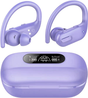 Wireless Earbuds, Bluetooth 5.3 Headphones Wireless with 4 ENC Noise Canceling Mic, 80Hrs LED Display Over Ear buds with Earhooks, Deep Bass Wireless Earphones, IPX7 Waterproof for Sport(Purple)