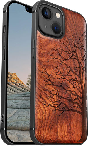 Magnetic Wood Case for iPhone 13 Case [Hard Real Wood & Soft TPU] Shockproof Hybrid Protective Cover Unique & Classy Wooden Case Compatible with Mag Safe (Tree of Life Art Carving-Rosy)