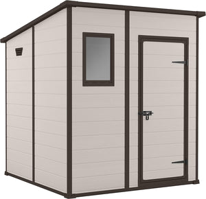 "Ultimate Outdoor Storage Solution:  Manor Garden Shed - 6ft x 6ft, Beige Brown Wood Effect, Fade-Free, All-Weather Resistant, Secure & Maintenance-Free, 15-Year Warranty Included!"