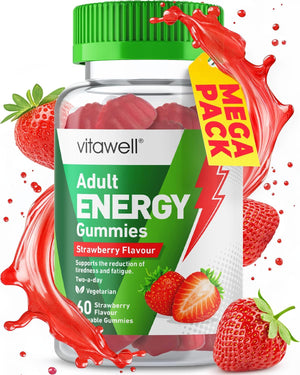 Energy Vitamins Gummies - 60 Strawberry Flavour Gummies | High Strength Chewable Sustained Energy Vitamin Gummies | Vitamins B6 + B12 + Niacin | Alternative to Energy Drinks, Gels & Pills