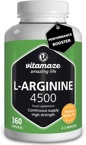 L-Arginine High Strength 4500 mg per Daily Dosage - 360 Capsules of 750 mg - Sport Performance Booster - Natural Supplement of Pure L Arginine Without Additives, German Quality- Vitamaze