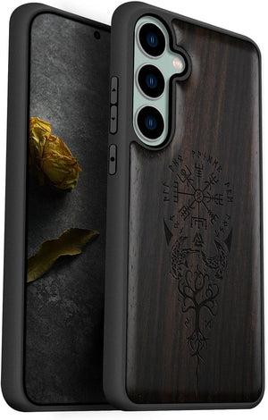 Wood Case for Galaxy S23 FE Case 2023 [Natural Wood & Black Soft TPU] Shockproof Protective Cover Unique Wooden Case Compatible with S23 FE Case (Viking Compass Vegvisir-Blackwood)