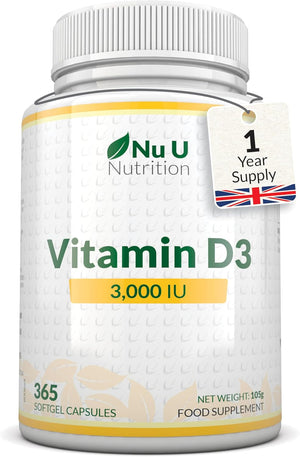 Vitamin D 3000IU - 365 Softgel Capsules - 1 Year Supply - Triple Strength Vitamin D3 Supplement - High Absorption Cholecalciferol - Gluten & Dairy Free by