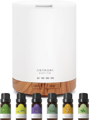 Essential Oil Diffusers, 300ML Aromatherapy Diffuser with 6x10ML Essential Oils Set, Essential Oils for Diffusers for Home with 4 Timer Setting, 15 Color Lights, Auto Shut Off