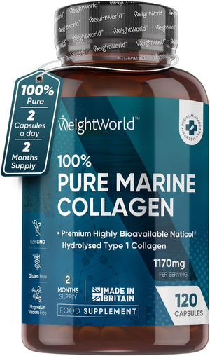 100% Pure Marine Collagen Capsules - 120 Capsules (Not Collagen Powder/Collagen Tablets) - 2 Months Supply - Collagen Supplements for Women & Men - Premium Naticol Type 1 Hydrolysed Collagen Peptides