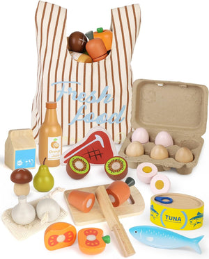 Wooden Kitchen Toys, Play Food for Toddlers 3+ Year Old, Toy Food with Fruit and Veg Toys, Play Food Sets for Children Kitchen, Pretend Play Gift for Boys Girls