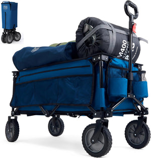 Festival Trolley on Wheels, 135L Folding Camping Wagon with Adjustable Handle & Cup Holder, Collapsible Beach Cart Foldable for Outdoor Garden Picnic Shopping 100KG Capacity, Blue