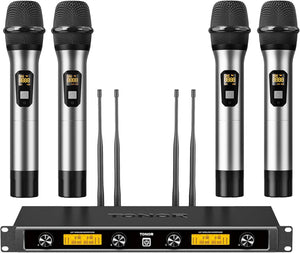 Wireless Microphones System, 4x5 Channel UHF Wireless Mic, 4 Handheld Adjustable Frequency Metal Cordless Dynamic Mic, Multiset Operation, 90m Ideal for Karaoke Singing Wedding Church, Silver