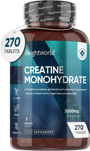 Creatine Monohydrate Tablets 3000mg - 270 Creatine Tablets - Gym Supplement for Men & Women - Creatine Monohydrate Powder Alternative - Vegan & Keto Unflavoured Energy Supplement for Workout