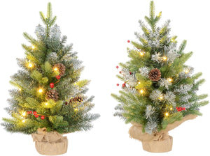 2 Pieces 2ft Prelit Artificial Christmas Tree with LED Light and 141 Tips, Concrete Base, Tabletop Xmas Tree with Pine Cones and Red Berries, Green