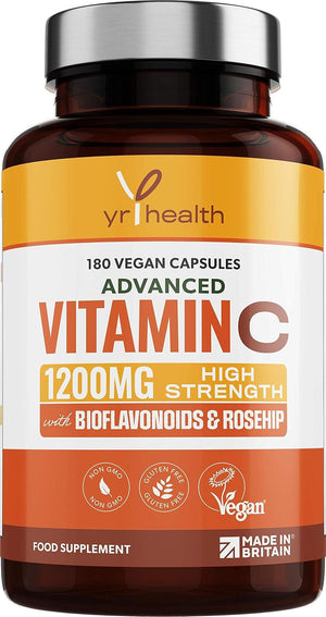 Vitamin C 1200mg Immune Support with Bioflavonoids and Rosehip | 180 Vegan Vitamin C Capsules not Tablets | Slow Release VIT C Ascorbic Acid | Made in The UK by