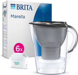 Marella Water Filter Jug Graphite (2.4L) Half Year Pack incl. 6x MAXTRA PRO All-in-1 cartridge - fridge-fitting jug with digital LTI and Flip-Lid - now in sustainable Smart Box packaging