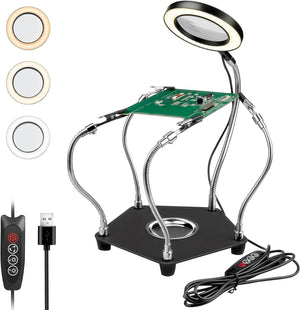 Helping Hands Soldering Station,  Third Hand Soldering Tool with 3X Magnifying Glass Dimmable LED, Flexible Helping Hands Soldering with 4 Flexible for Welding Repair Hobby DIY