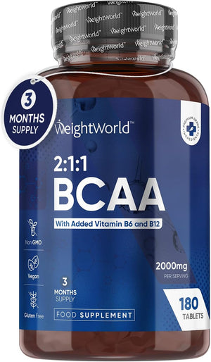 BCAA Tablet 2000mg Per Serving - 180 Protein Tablets (3 Months Supply) - 2:1:1 Branched Chain Amino Acids Tablets with Vitamin B12 & B6 - BCAA Powder Alternative - Pre Workout Supplement for Energy